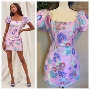 NWOT Lulus So Stunning Pink Multi Floral Jacquard Puff Sleeve Mini Dress